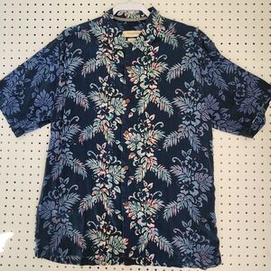 Tommy Bahama Floral Etch Shirt Mens L Silk Navy Blue Island Tropical Aloha